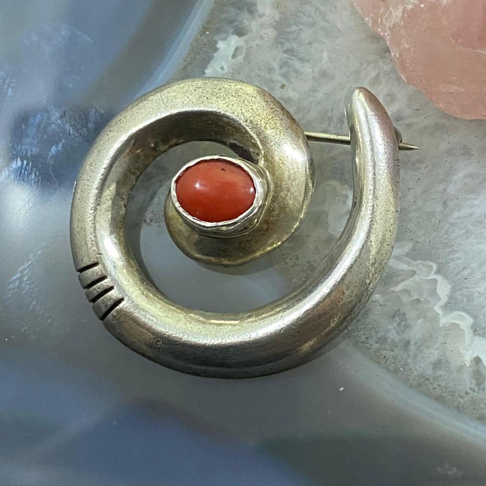 Vintage Native American Sterling Silver SandCast "Circle of Life" w/Coral Brooch - Picture 4 of 9